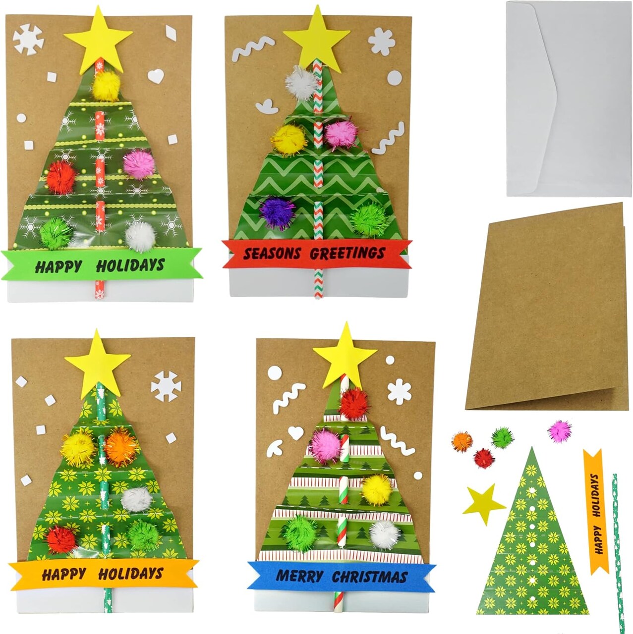 4E's Novelty Christmas Card Making Craft Kit for Kids & Adults, 12 Pack DIY Handmade Holiday Greeting Cards with Envelopes, Foam Stickers & Supplies, Christmas Party Craft Activity Set